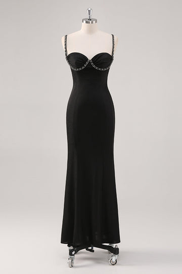 Simple Black Spaghetti Straps Sheath Formal Dress